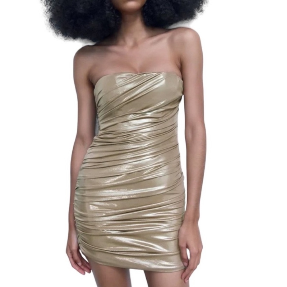 NWT Zara Metallic Golden Ruched Strapless Bodycon Mini Dress - M